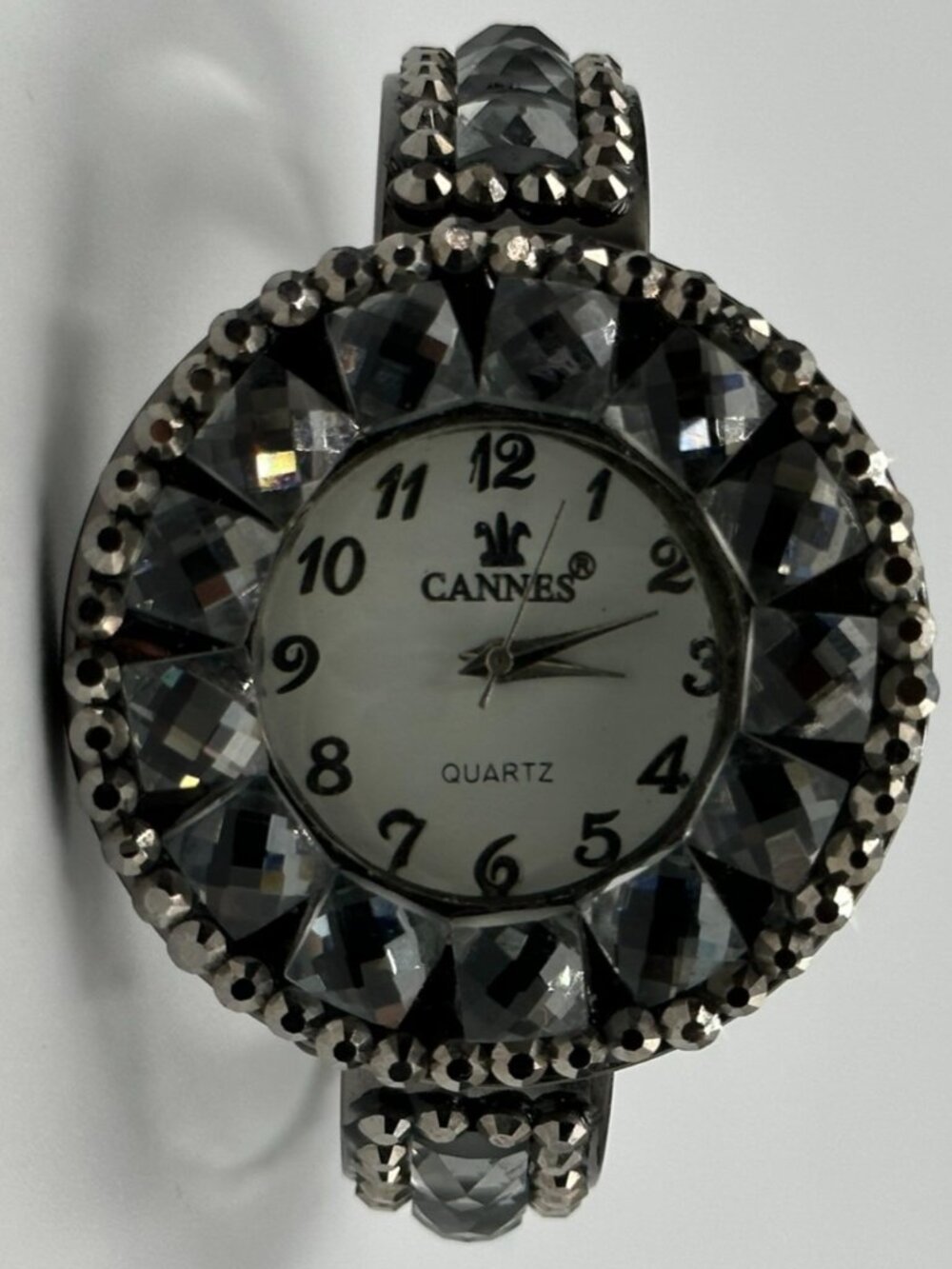 Cannes Rhinestone Watch Women Gunmetal Hinged Cuff Band New Battery 6.5"